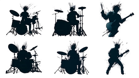 Drummers with Explosive Energetic Aura Silhouette Set isolated on plain white background.のイラスト素材
