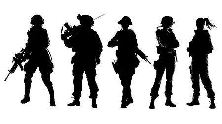 Set of Six Female Soldier Silhouettes in Diverse Military Roles isolated on plain white background.のイラスト素材
