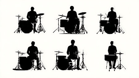 Symmetrical Front View of Drummers Silhouette Set isolated on plain white background.のイラスト素材