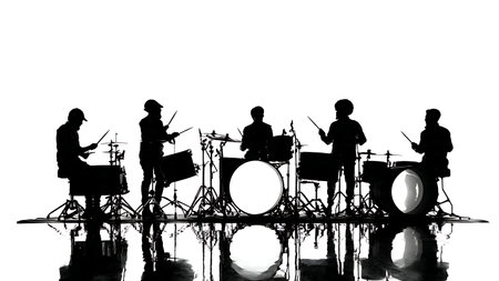 Drummers Performing Behind Acrylic Shields Silhouette Set isolated on plain white background.のイラスト素材