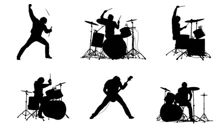 Dramatic Final Cymbal Crash Drummers Pose Silhouette Pack isolated on plain white background.のイラスト素材