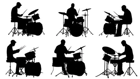 Drummer Sound Check Sequence Silhouette Collection isolated on plain white background.のイラスト素材