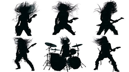 Powerful Female Heavy Metal Drummer Silhouette Pack isolated on plain white background.のイラスト素材