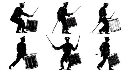 Drummers Playing with Hot Rods Silhouette Set isolated on plain white background.のイラスト素材