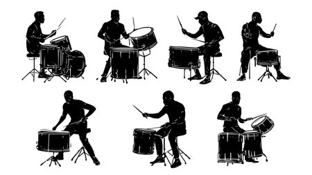 Drummers' Floor Tom Interaction and Hitting Pose Silhouettes isolated on plain white background.のイラスト素材