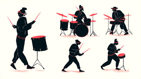 Funk and Soul Groove Drummer Silhouette Set of Six isolated on plain white background.のイラスト素材