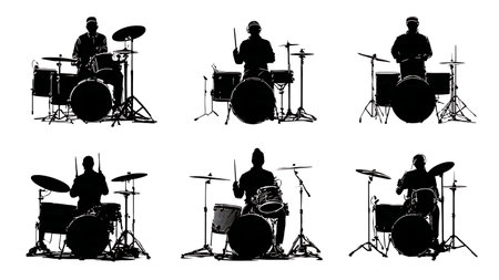 Symmetrical Front View of Drummers Silhouette Set isolated on plain white background.のイラスト素材