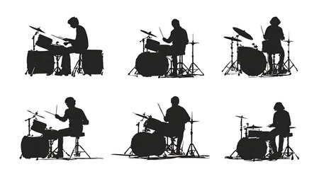 Drummers on Classic Four-Piece Kits Silhouette Collection isolated on plain white background.のイラスト素材