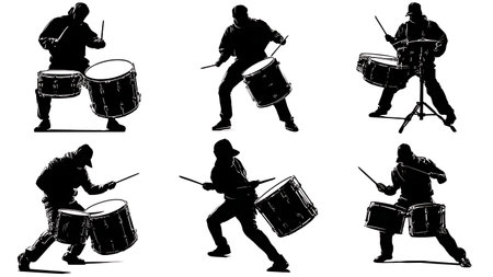 Drummers' Floor Tom Interaction and Hitting Pose Silhouettes isolated on plain white background.のイラスト素材