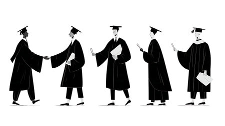 Graduate Receiving Diploma from Dean Black Silhouettes isolated on plain white background.