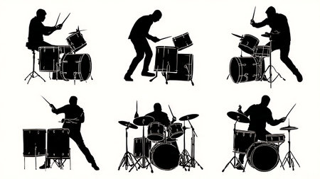 Full-Body Engagement and Motion Drummers Silhouette Set isolated on plain white background.のイラスト素材