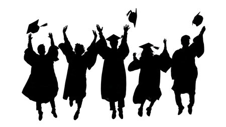 Graduates Cheering and Applauding Classmates Silhouettes isolated on plain white background.のイラスト素材