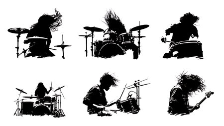 Heavy Metal Drummer Silhouettes with Headbanging Poses isolated on plain white background.のイラスト素材