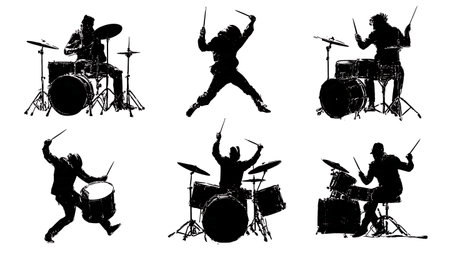 Full-Body Engagement and Motion Drummers Silhouette Set isolated on plain white background.のイラスト素材
