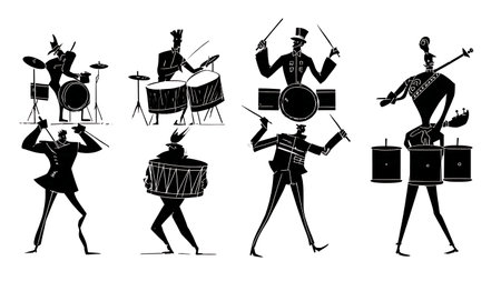 Drummers from Different Musical Eras Silhouette Set isolated on plain white background.のイラスト素材