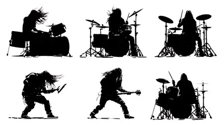 Heavy Metal Drummer Silhouettes with Headbanging Poses isolated on plain white background.のイラスト素材