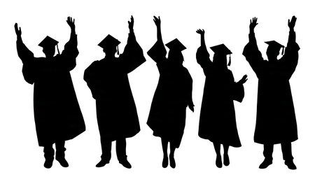 Graduates Cheering and Applauding Classmates Silhouettes isolated on plain white background.のイラスト素材