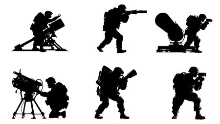 Soldier Silhouettes with Heavy Weapons and Mortars Set of Six isolated on plain white background.のイラスト素材