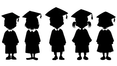 Cute Kindergarten and Preschool Graduation Silhouettes isolated on plain white background.のイラスト素材