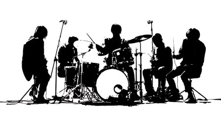 Ground-Level View of Drummer Pedals and Kick Drum Silhouettes isolated on plain white background.のイラスト素材