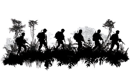 Jungle Warfare Soldier Silhouettes with Specialized Gear isolated on plain white background.