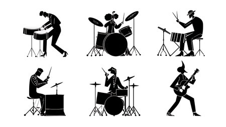 Drummers from Different Musical Eras Silhouette Set isolated on plain white background.のイラスト素材