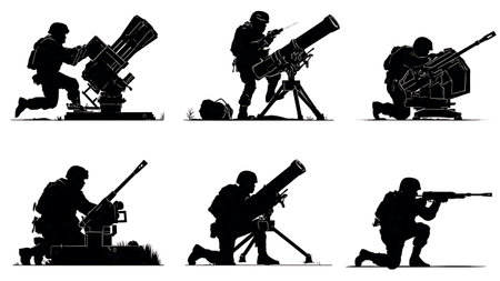 Soldier Silhouettes with Heavy Weapons and Mortars Set of Six isolated on plain white background.のイラスト素材