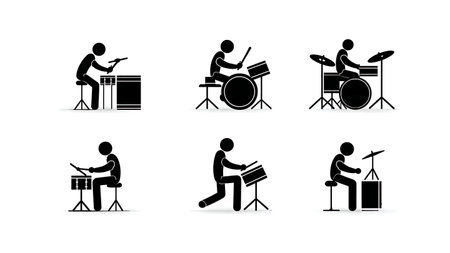 Simple Iconic Drummer and Drum Kit Pictogram Silhouettes isolated on plain white background.のイラスト素材