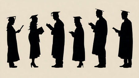 Law School Graduation Ceremony Silhouette Set isolated on plain white background.のイラスト素材