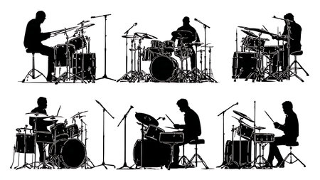 Drummers with Large, Complex Drum Kits Silhouette Set isolated on plain white background.のイラスト素材