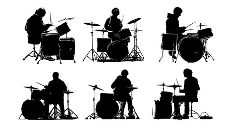 Interactive Live Concert Drummers Silhouette Pack isolated on plain white background.のイラスト素材