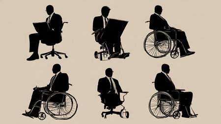 Inclusive Lawyer in a Wheelchair Silhouette Set isolated on plain white background.のイラスト素材
