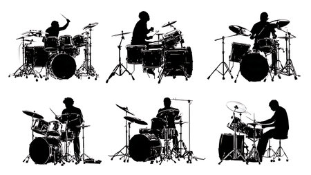 Drummers with Large, Complex Drum Kits Silhouette Set isolated on plain white background.のイラスト素材