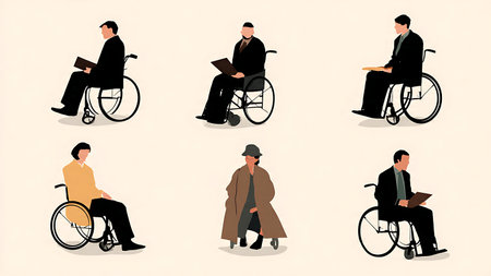 Inclusive Lawyer in a Wheelchair Silhouette Set isolated on plain white background.のイラスト素材