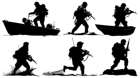 Marine Silhouettes in an Amphibious Beach Landing Operation isolated on plain white background.のイラスト素材
