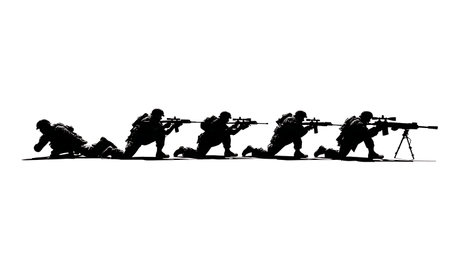 Prone Position Soldier and Sniper Silhouettes Collection of Six isolated on plain white background.のイラスト素材