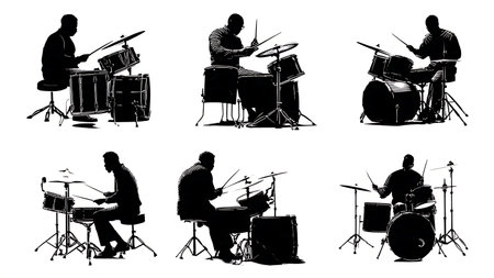 Quiet Intensity and Dynamic Contrast Drummers Silhouette Set isolated on plain white background.のイラスト素材