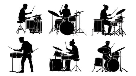 Jazz Drummers Playing with Brushes Silhouette Collection isolated on plain white background.のイラスト素材