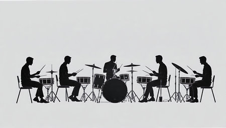 Drummers Playing with a Relaxed Groove Silhouette Set isolated on plain white background.のイラスト素材