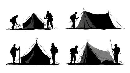Soldier Silhouettes Setting Up a Military Field Camp isolated on plain white background.のイラスト素材