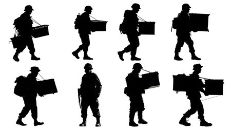 Silhouettes of Soldiers Carrying Ammo Boxes and Logistics Supplies isolated on plain white background.のイラスト素材