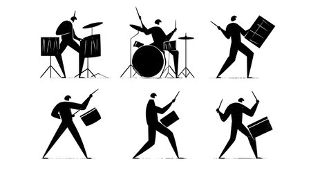 Clean Pop Music Drummer Silhouettes Set of Six isolated on plain white background.のイラスト素材