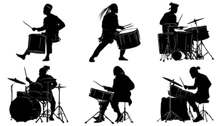 Reggae Drummers with One-Drop Rhythm Silhouettes isolated on plain white background.のイラスト素材