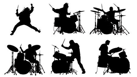 Energetic Rock Drummer Action Silhouettes Set of Six isolated on plain white background.のイラスト素材