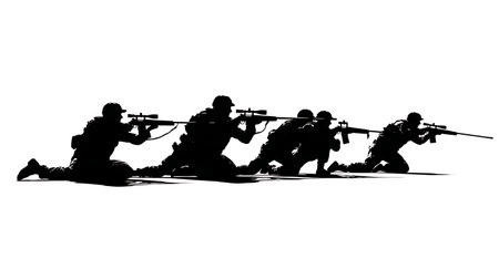 Prone Position Soldier and Sniper Silhouettes Collection of Six isolated on plain white background.のイラスト素材