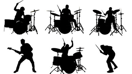 Energetic Rock Drummer Action Silhouettes Set of Six isolated on plain white background.のイラスト素材