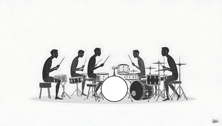 Drummers Playing with a Relaxed Groove Silhouette Set isolated on plain white background.のイラスト素材