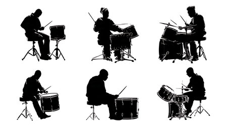 Quiet Intensity and Dynamic Contrast Drummers Silhouette Set isolated on plain white background.のイラスト素材