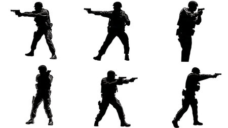 Soldier Silhouettes in Tactical Stances Firing a Pistol isolated on plain white background.のイラスト素材