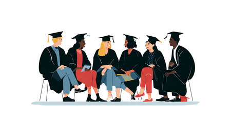 Graduates in Conversation After Ceremony Silhouette Set isolated on plain white background.のイラスト素材